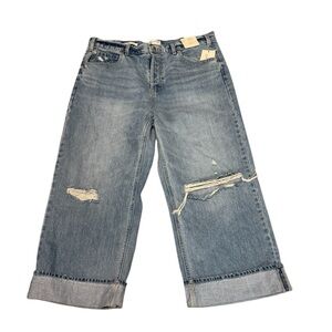 Cropped Wide Leg Distressed Cuffed Jeans Mid-Rise Relaxed Fit Universal Thread